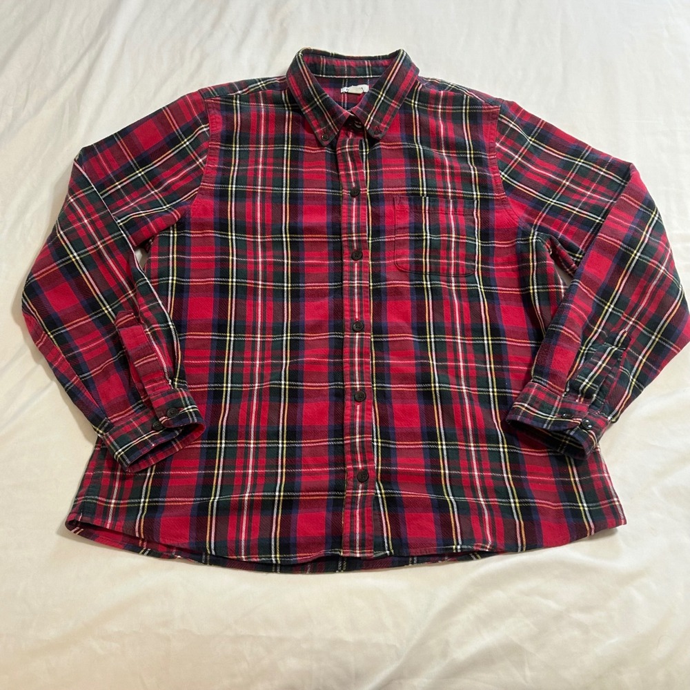 LL Bean Womens Red Plaid Flannel Shirt Medium Petite Cotton Button Down 279326